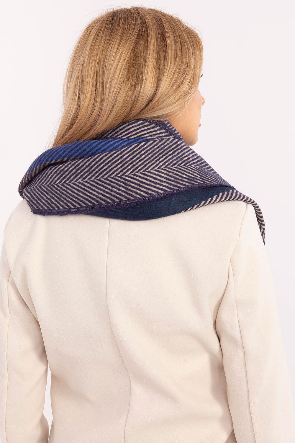 Close-up of the soft, high-quality viscose fabric in the luxury striped shawl scarf by AT, perfect for stylish winter accessorising.