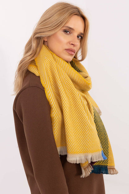 Winter ensemble featuring the luxury striped viscose scarf by AT, perfect for warmth and elegance on colder days.