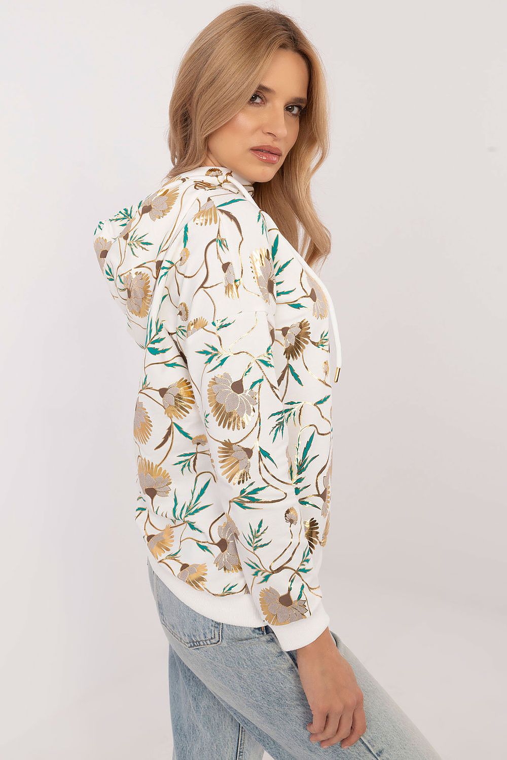 Detail shot of the colourful print on the Factory Price luxury women's hooded sweatshirt, highlighting the stylish design that adds character to everyday wear.