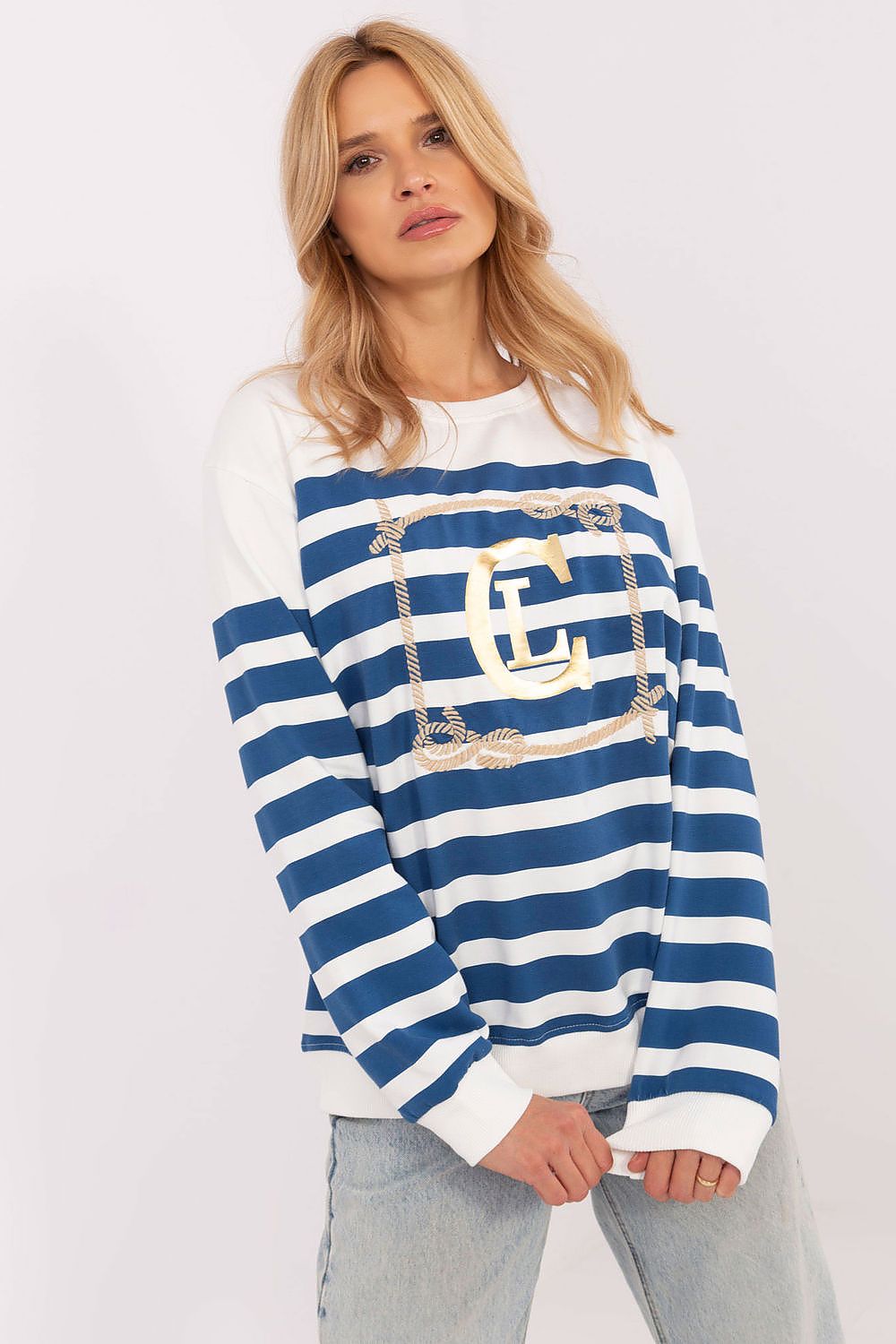 Elegant women's casual sweatshirt with sporty stripes, designed by Factory Price. This fashion-forward piece features a stylish print and a comfortable round neckline, perfect for chic everyday wear.