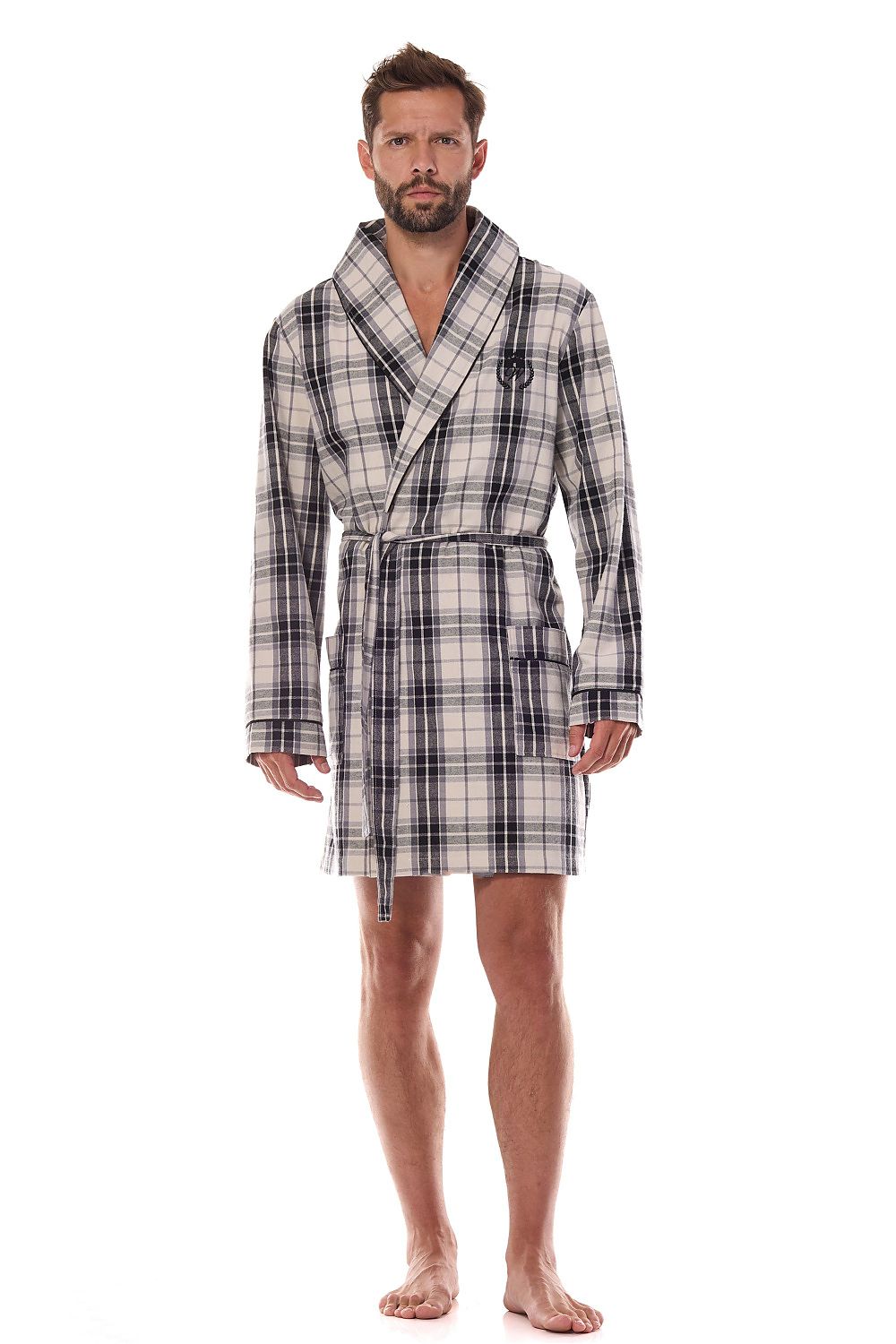 L&L Collection men's luxury cotton bathrobe showcasing elegant embroidery and piping in a stylish design, perfect for comfort and relaxation.