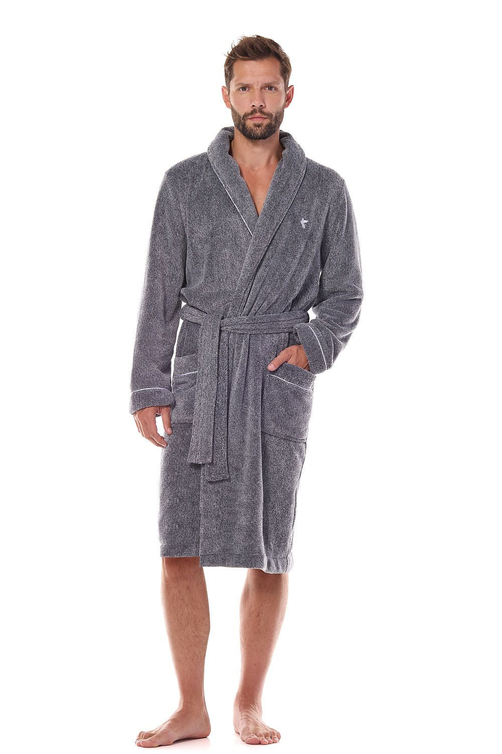 Men's Elegant Kimono Bathrobe by L&L collection, crafted from soft polyester, featuring an elegant collar, delicate piping, and practical pockets, available in sizes EU M to XXL, ideal for luxurious comfort and style.