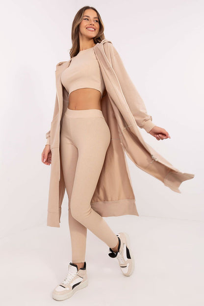 Complete look of the luxury women's 3-piece set by Factory Price, highlighting the harmonious combination of hoodie, top, and leggings for a comfortable sporty outfit.