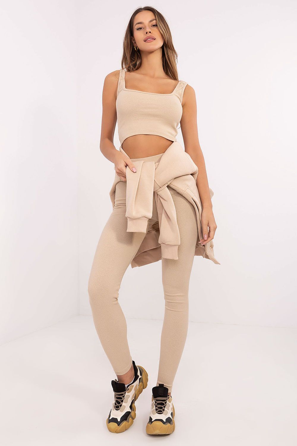 Complete Luxury Women's 3-Piece Set: short top, long blouse, and leggings, showcasing modern style and comfort by Factory Price.