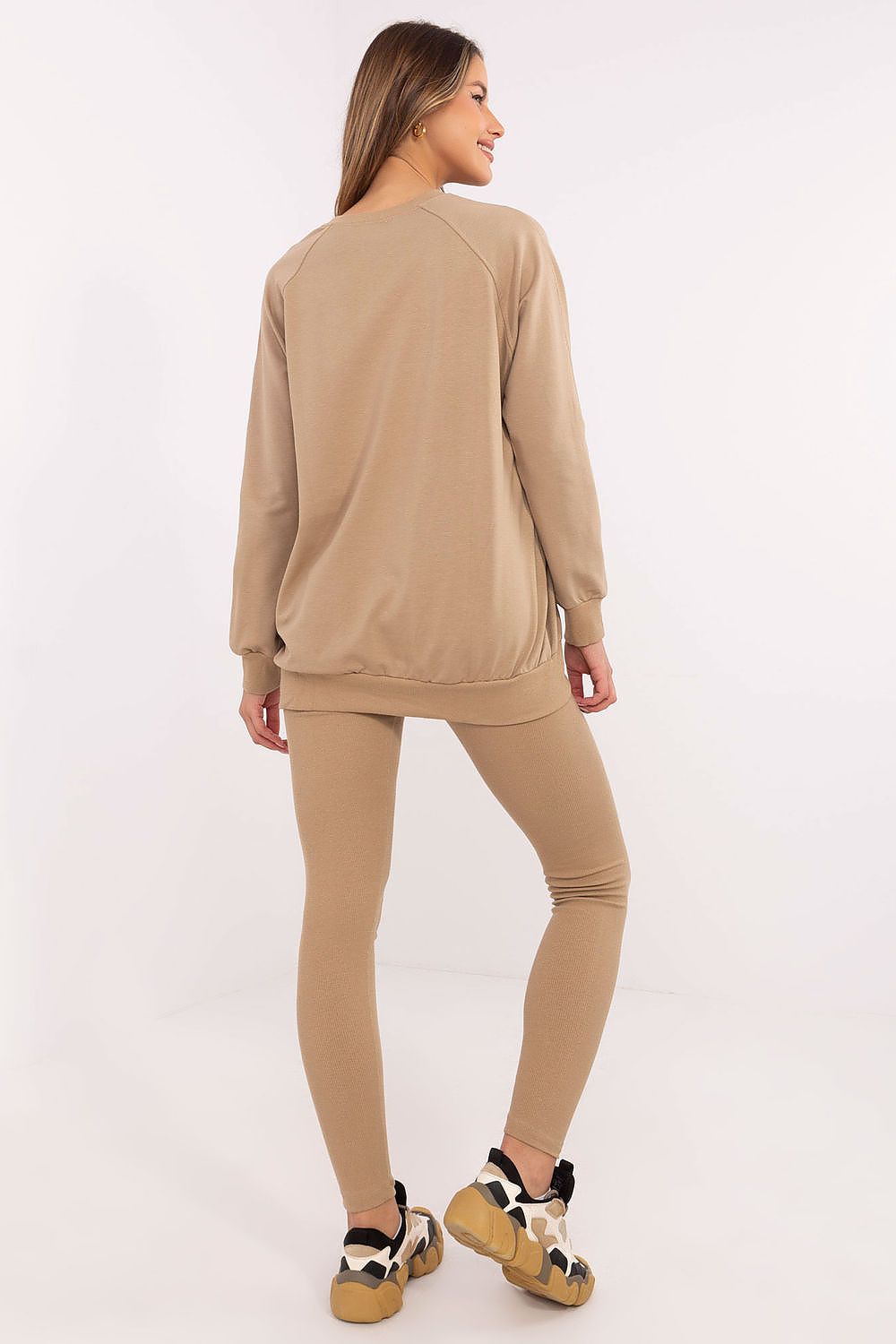 Soft and elegant women's sweatshirt with subtle patches by Factory Price, showcasing modern design in a chic casual set.