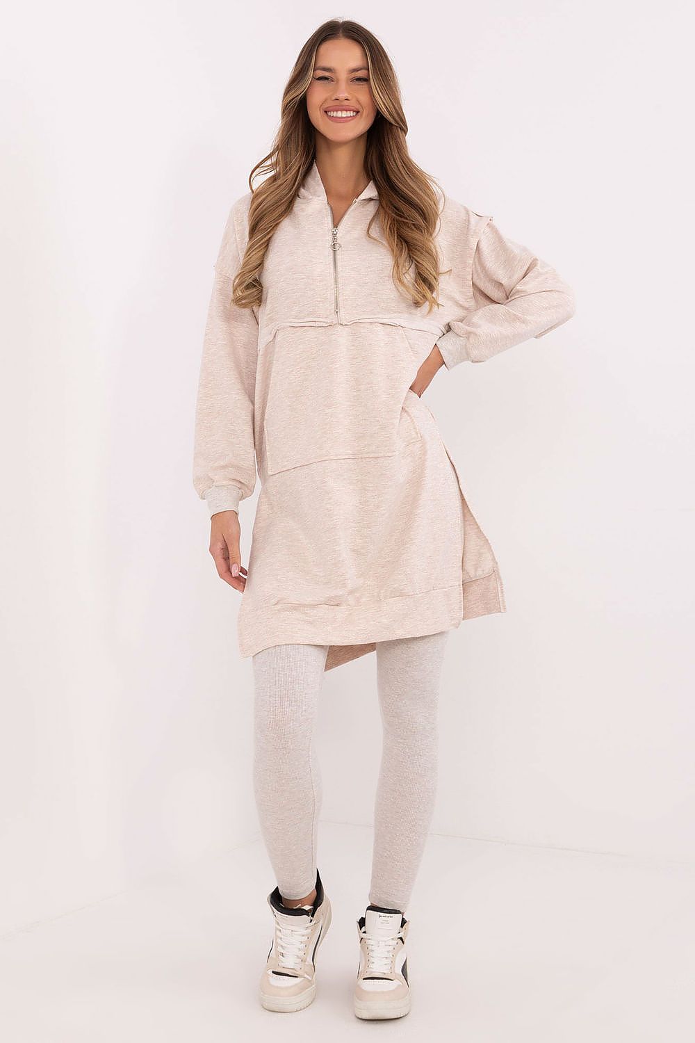 Elegant cotton blend women's long sweatshirt from Factory Price, featuring a spacious hood and kangaroo pocket for functional chic during everyday outings.