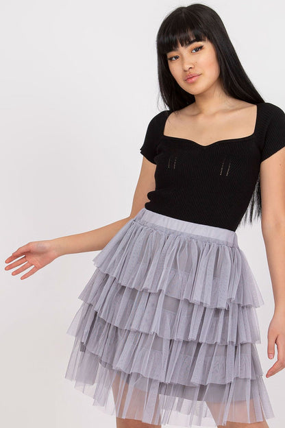 Back view of the elegant mini tulle skirt by Och Bella, demonstrating its high-quality polyester and viscose blend fabric.