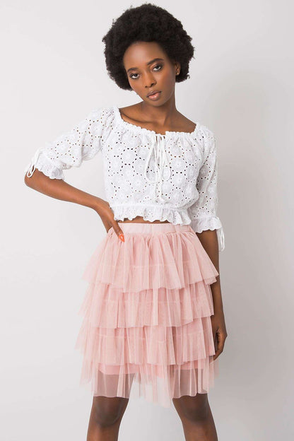 Elegant mini tulle skirt with frills from Och Bella, showcasing a luxurious design perfect for special occasions, highlighting delicate frills and a graceful silhouette.