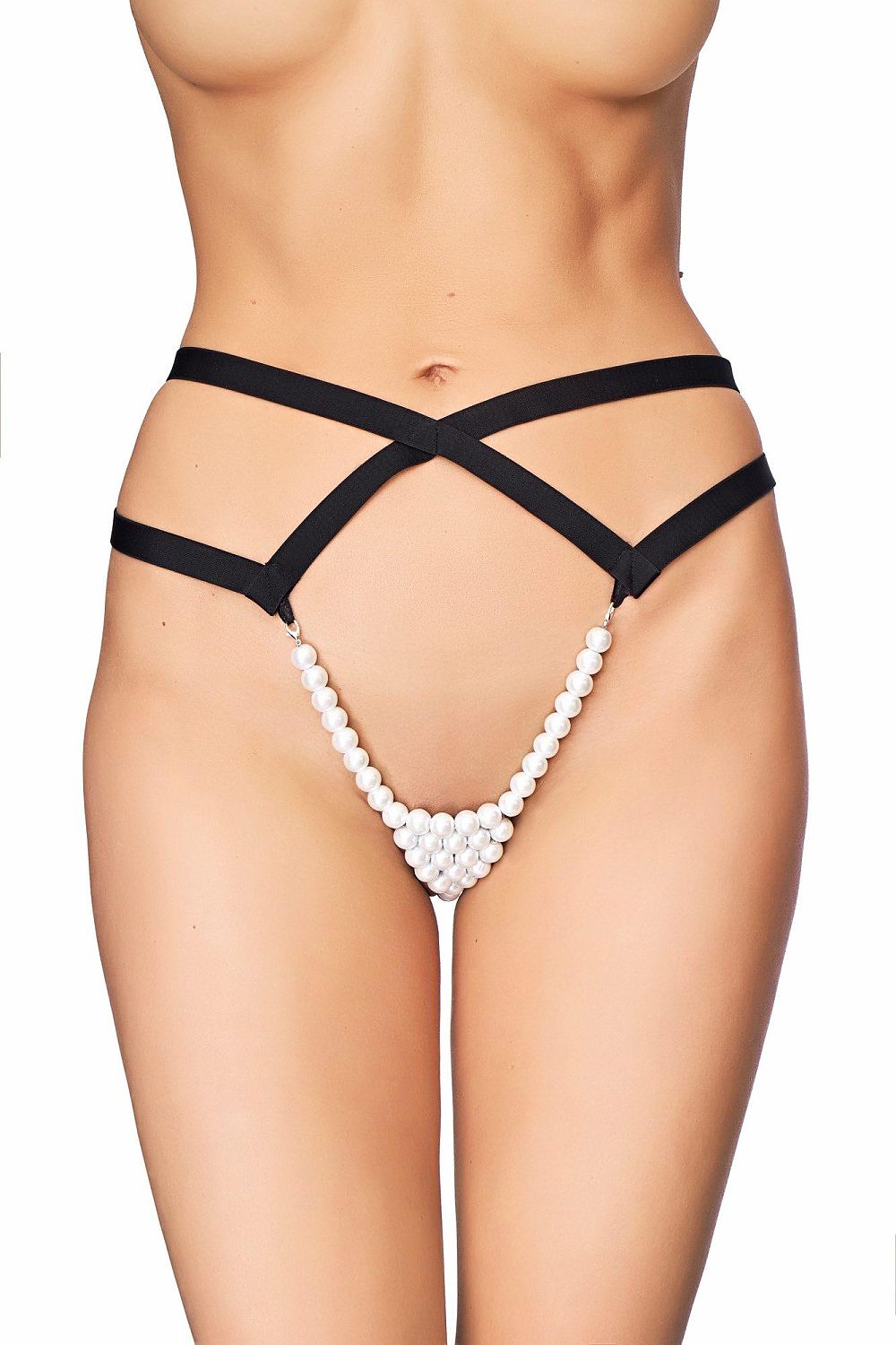 Luxury T-back thong by 7heaven featuring exquisite glass pearls and a distinct triangular weave, designed to provide an enchanting silhouette.