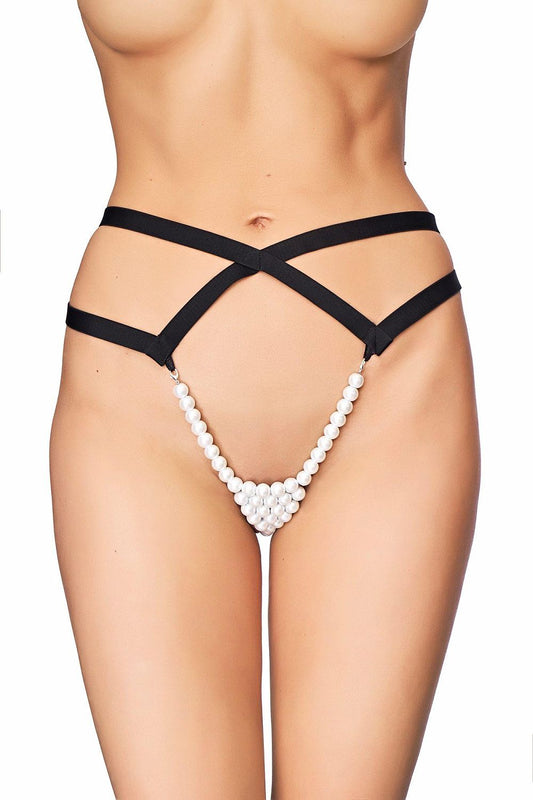 Luxury T-back thong by 7heaven featuring exquisite glass pearls and a distinct triangular weave, designed to provide an enchanting silhouette.