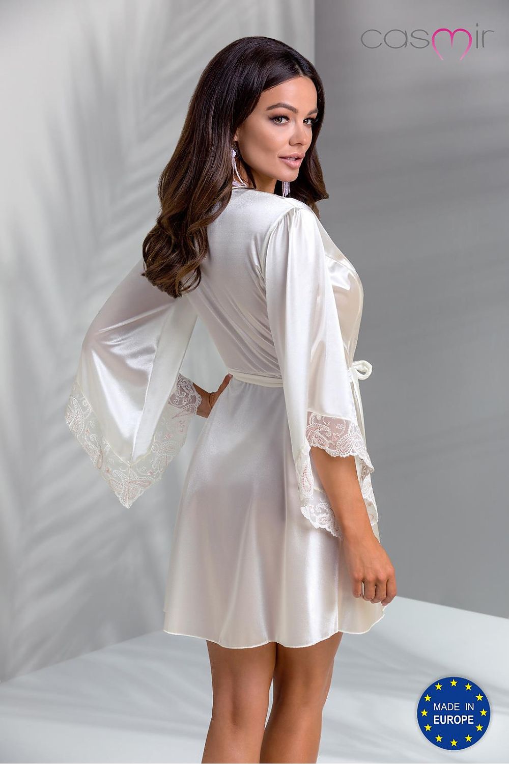 Casmir Inoe Satin Peignoir showcasing delicate satin fabric and flared lace sleeves, embodying high-quality elegance for women's nightwear.