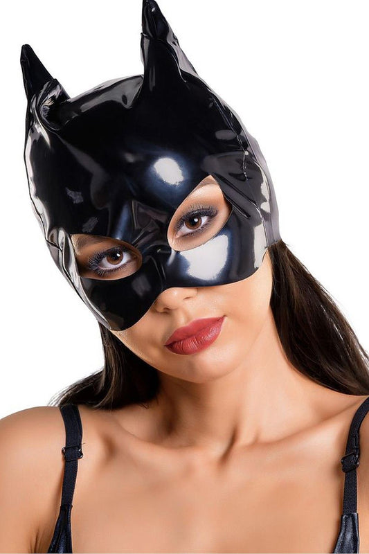 Luxurious glossy black cat mask by Glossy featuring eye cutouts, crafted from high-quality polyester for a perfect fit and comfort.