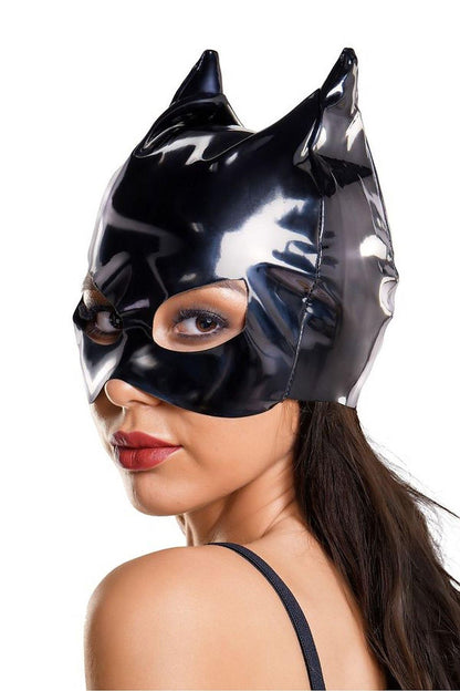 Elegant shiny cat mask designed by Glossy, showcasing deep black polyester and eye holes for enhanced allure and fantasy styling.