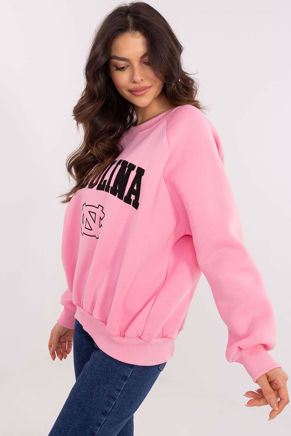 Close-up view of the Luxury Women's Casual Sweatshirt by Factory Price showcasing intricate embroidery and a large inscription, perfect for stylish everyday wear.