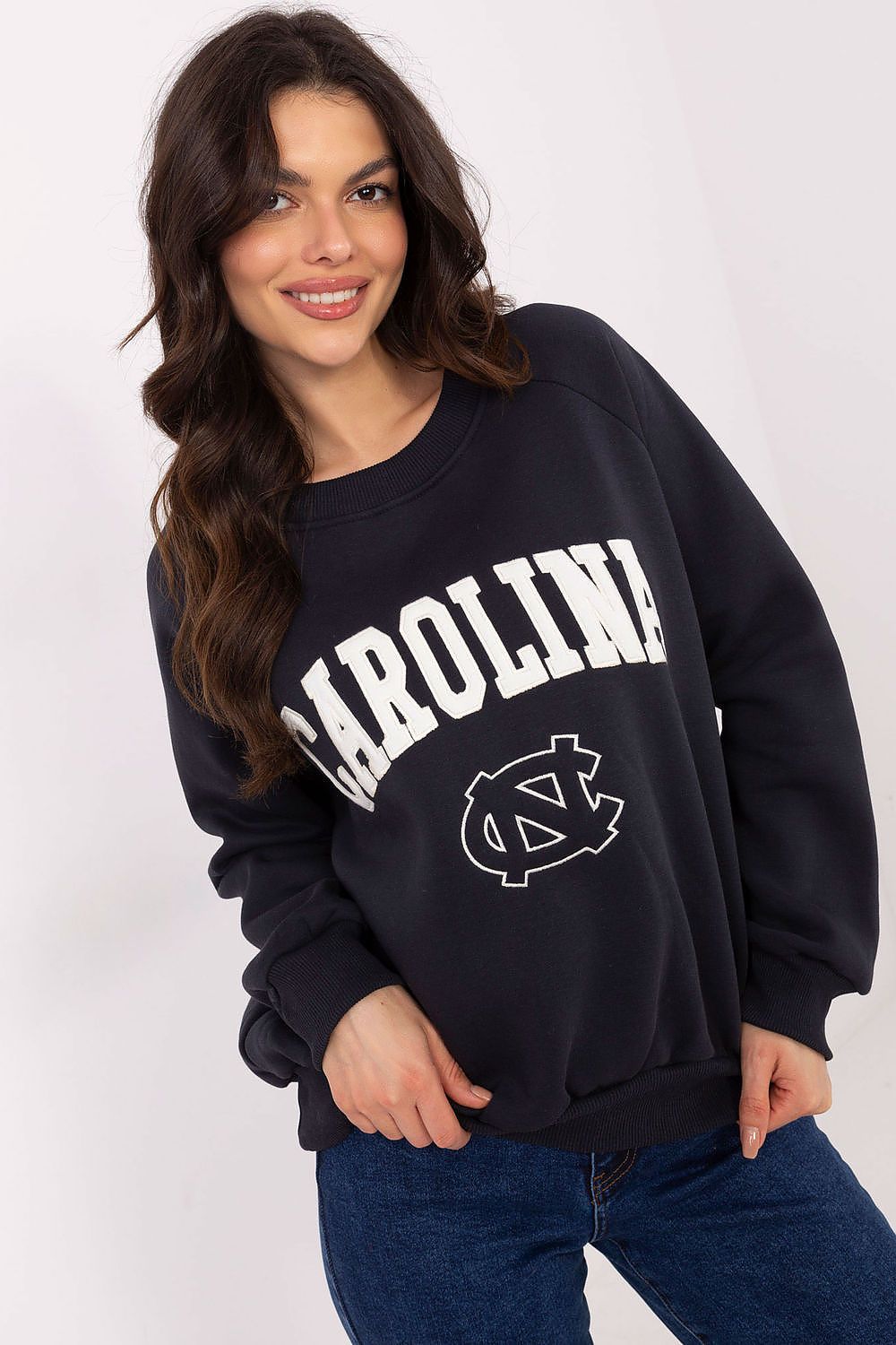 Factory Price insulated women's sweatshirt showcasing elegant long sleeve design and modern embroidery accent.