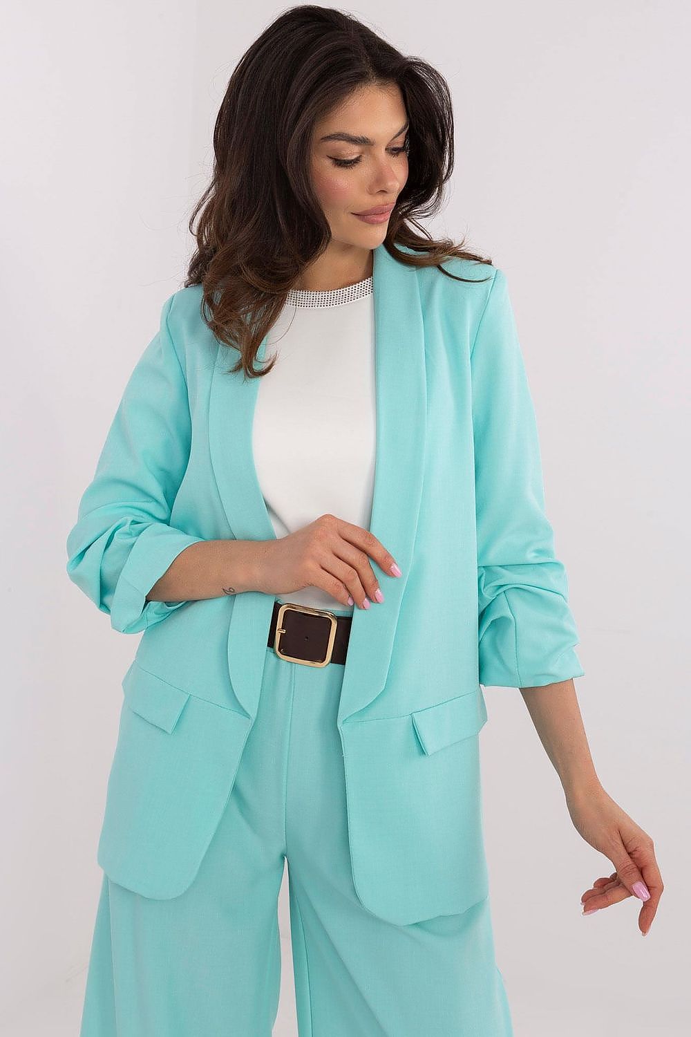 Italy Moda Women's elegant blazer in lightweight polyester blend, showcasing a sophisticated design with 3/4 sleeves and a stylish pleated detail.