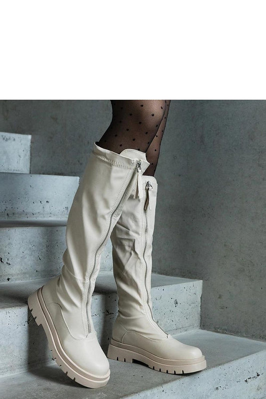 Luxury Solea beige eco-leather thigh-high boots featuring elegant Hala zipper design, perfect for Autumn and Spring wear.