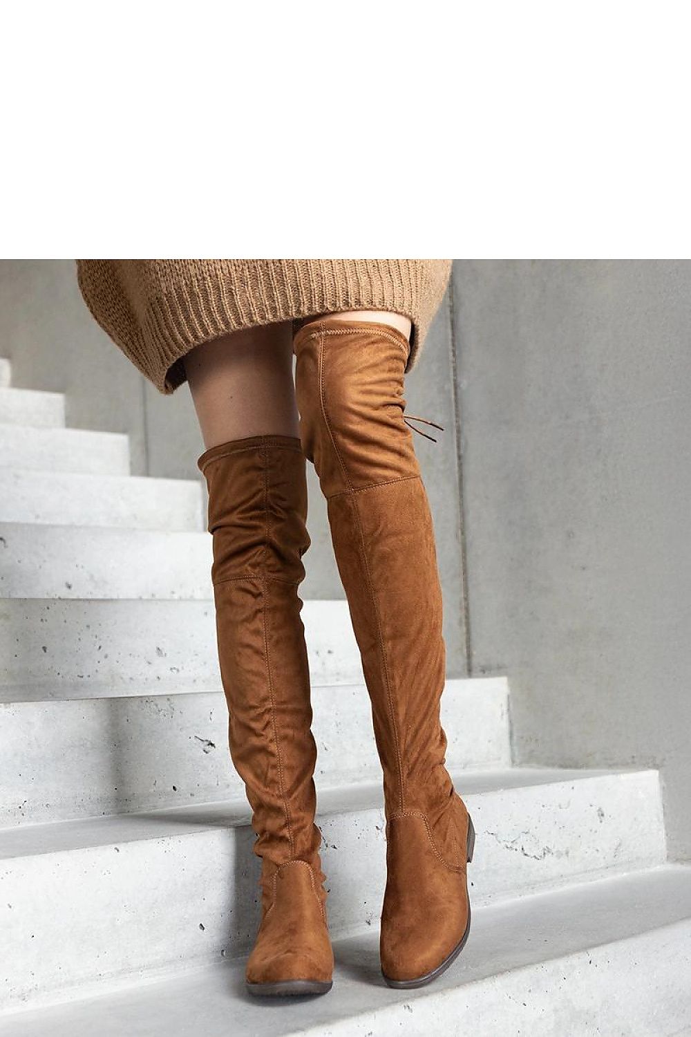 Solea luxury brown eco-suede thigh-high long platform boots, showcasing a stylish slip-on design, perfect for fall and winter fashion.