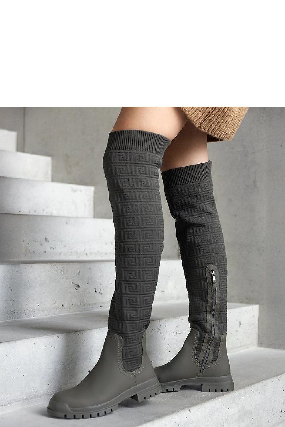 Solea elegant green thigh-high fabric boots with almond toe, perfect for modern style and comfort.