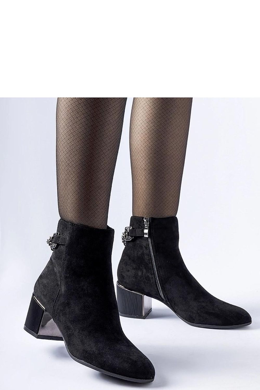 Solea Fenughedu Ankle Boots in luxurious black eco-suede with elegant chain detail, showcasing a stylish design that combines comfort and practicality.