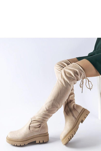 Solea stylish beige over-the-knee flat boots in eco leather, perfect for autumn and winter fashion.