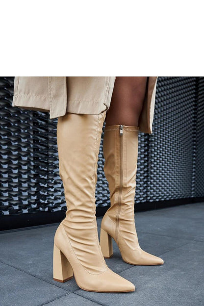 Solea luxury beige thigh-high column boots Abelino, crafted from eco leather, showcasing an elegant pointed toe and an 11cm heel.