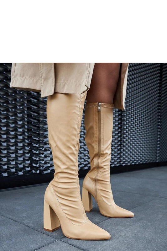Solea luxury beige thigh-high column boots Abelino, crafted from eco leather, showcasing an elegant pointed toe and an 11cm heel.