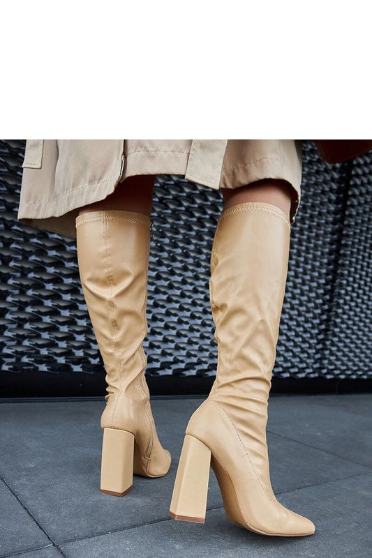 Close-up of Solea Abelino beige eco leather thigh-high boots, highlighting the stylish side zipper and sophisticated design.