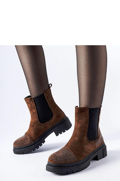 Solea brown eco-suede ankle boots with decorative zircons, featuring a stylish design for elegant comfort and versatility.