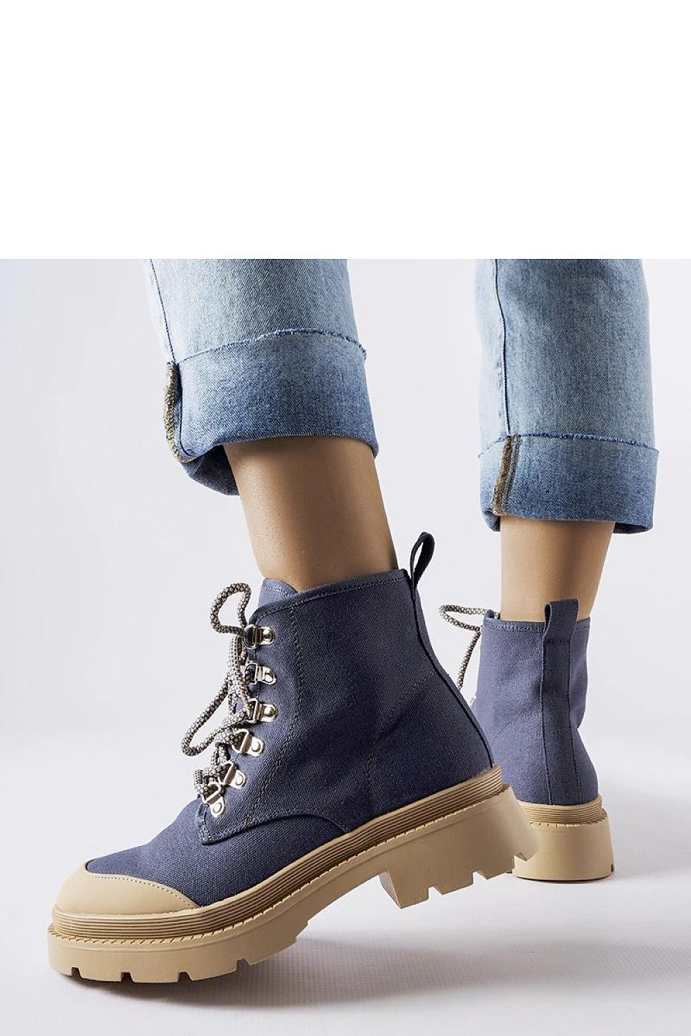 Solea women's denim trapper shoes, lace-up style with a 4 cm heel, perfect for autumn and winter styling, showcasing high-quality denim fabric.