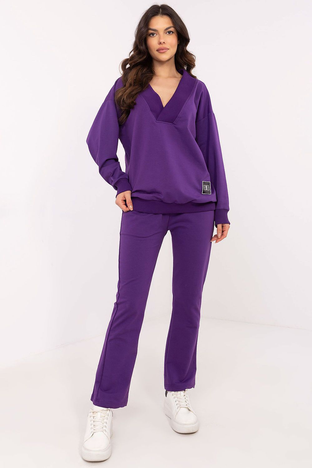 Luxury Women's 2-Piece Set by Factory Price featuring a long-sleeve blouse with wrap neckline and high-waist straight-leg pants, ideal for elegant casual wear.