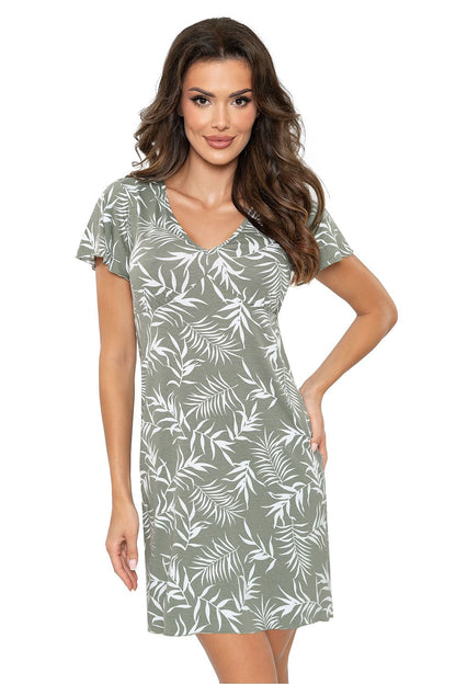 Elegant Donna knee-length nightshirt crafted from soft viscose, featuring a sophisticated leaf pattern, perfect for luxurious comfort and style in sizes S-XXL.