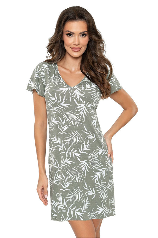 Elegant Donna knee-length nightshirt crafted from soft viscose, featuring a sophisticated leaf pattern, perfect for luxurious comfort and style in sizes S-XXL.
