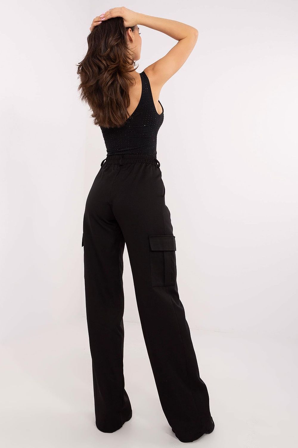 Elegant close-up of Lakerta Women's High-Waist Cargo Pants detailing the decorative pleats and smooth fabric finish, ideal for modern fashion enthusiasts.