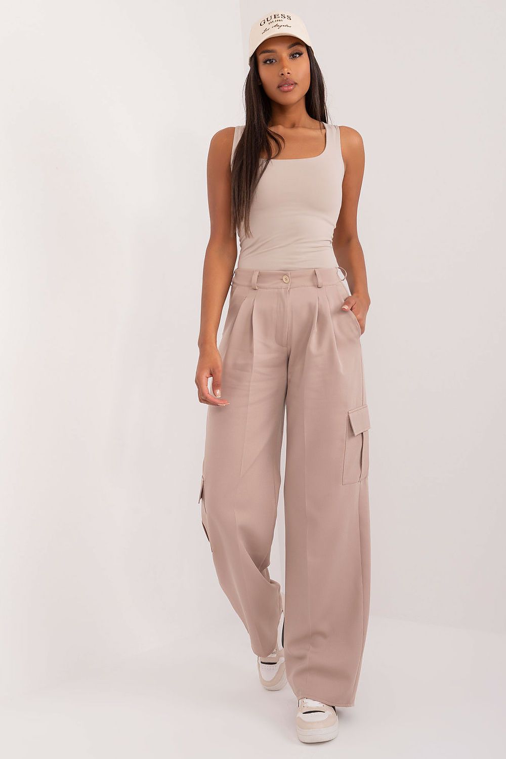 Lakerta Women's High-Waist Cargo Pants displayed with side slip pockets, demonstrating functionality blended with contemporary style for the discerning woman.