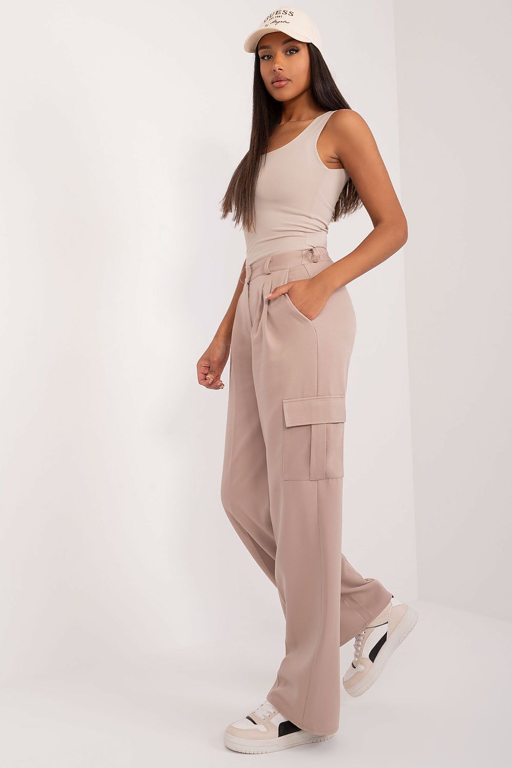 Stylish ensemble featuring Lakerta Women's High-Waist Cargo Pants paired with a trendy top, exemplifying luxury and comfort in casual women's fashion.