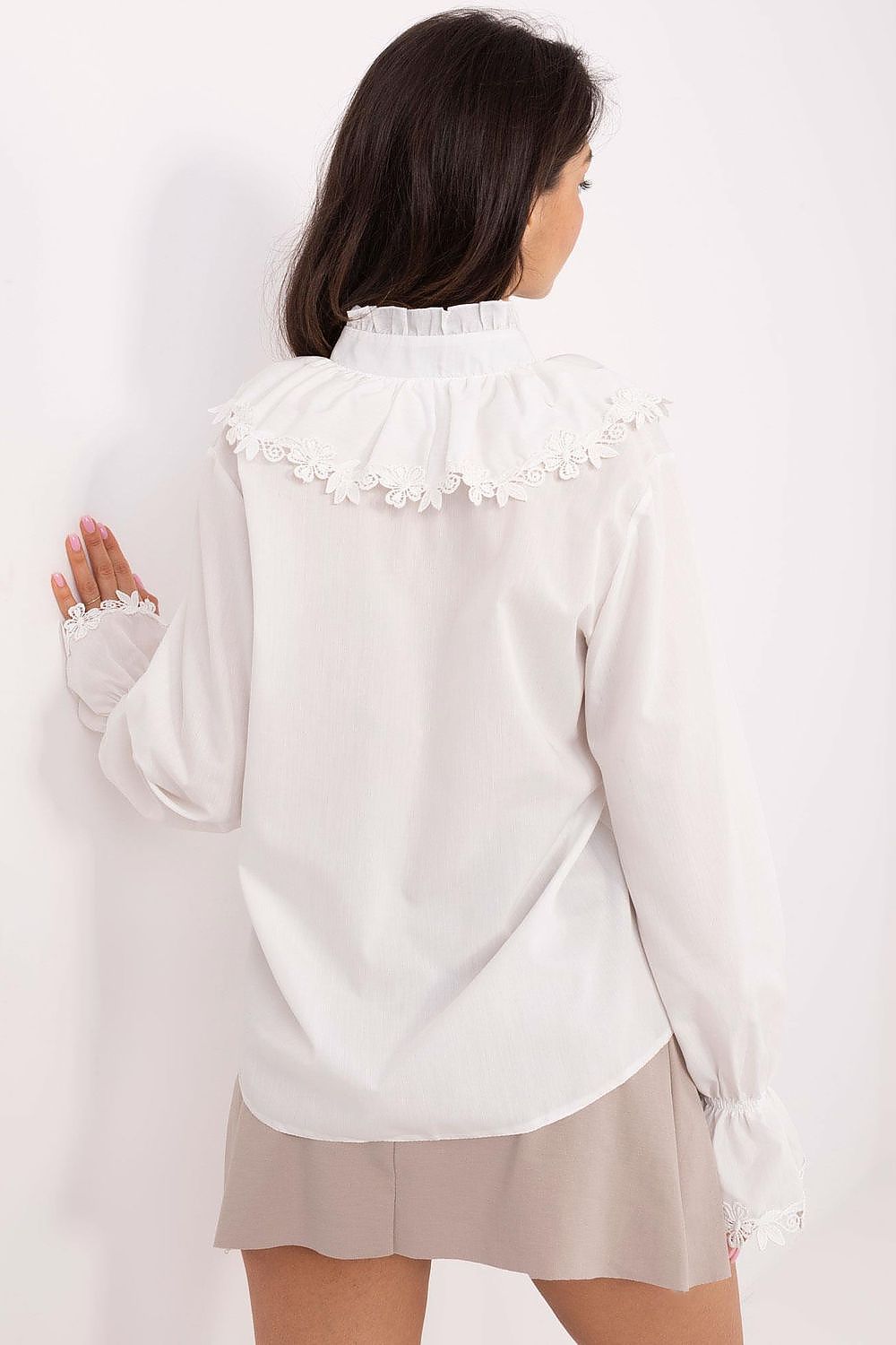 Stylish women's long sleeve shirt by Lakerta, featuring a stand-up collar and elegant jabot adornment, ideal for formal occasions.