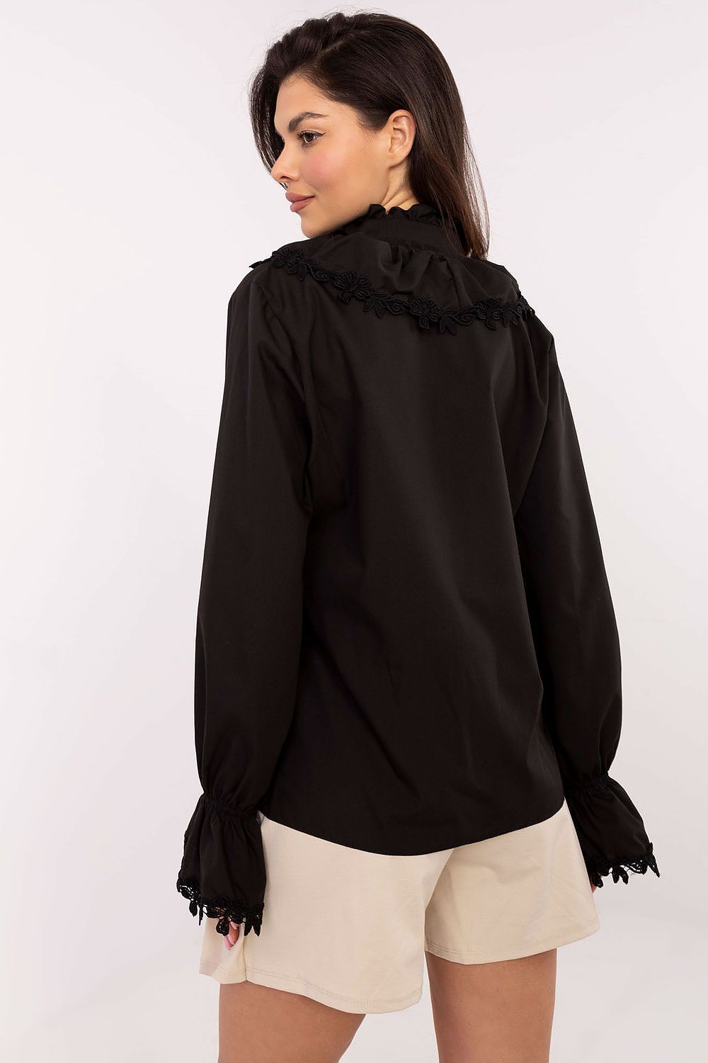 Elegant long sleeve cotton shirt by Lakerta featuring jabot and lace cuffs, perfect for stylish work or formal occasions.