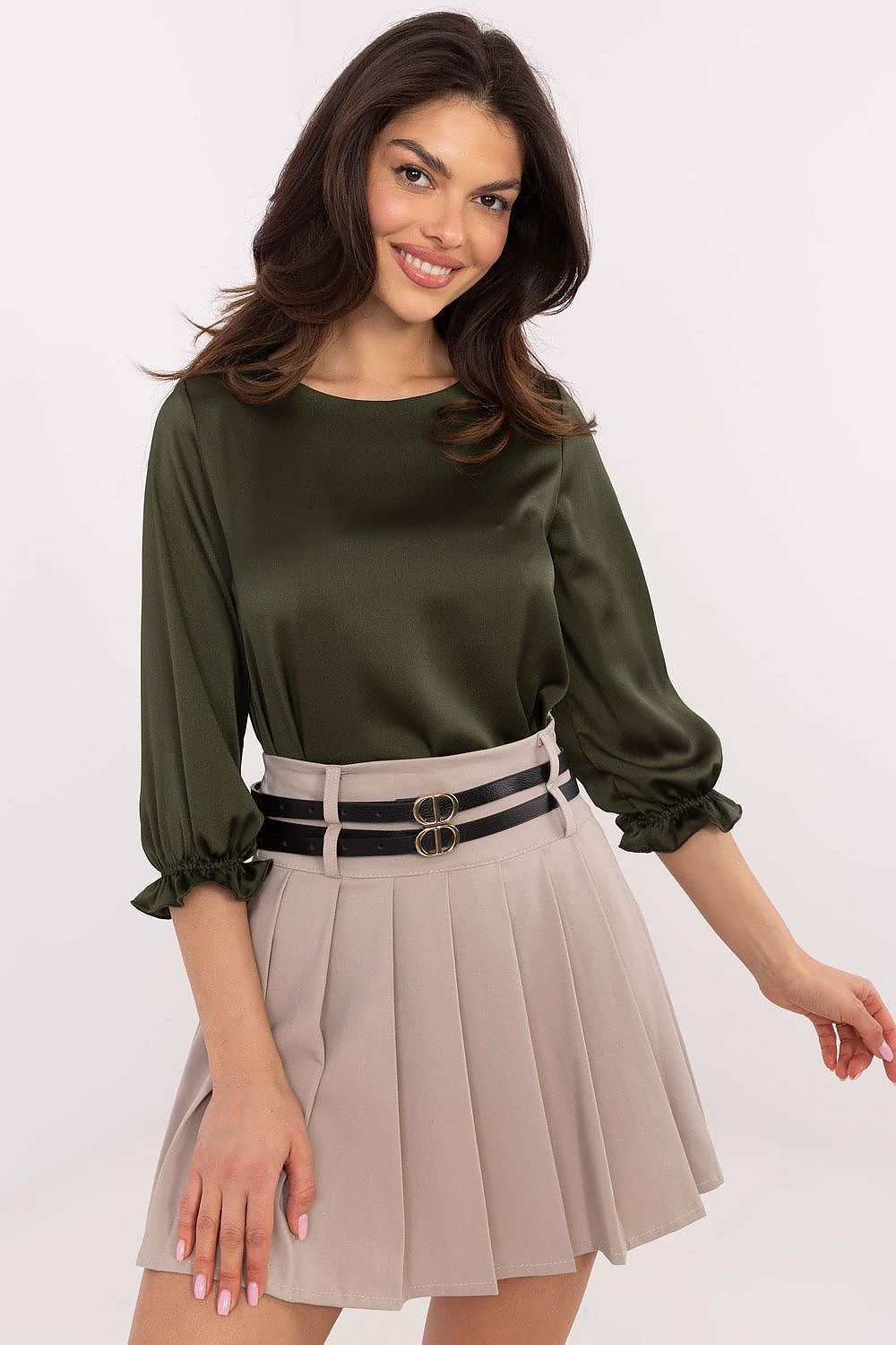Luxurious Elegant Lakerta Blouse featuring 3/4 sleeves and delicate ruffled details, perfectly tailored for sizes EU 36-42, ideal for versatile styling.