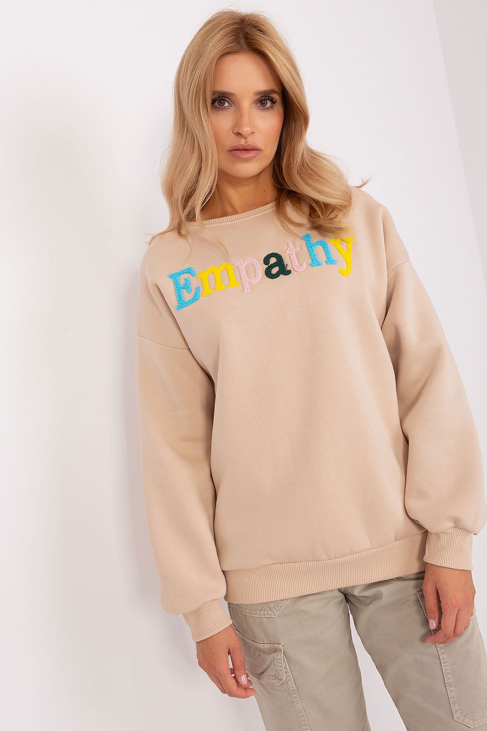 Stylish front view of the women's luxury sweatshirt with a distinctive pattern and inscription, designed by Factory Price.