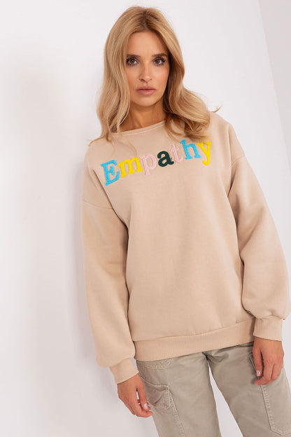 Stylish front view of the women's luxury sweatshirt with a distinctive pattern and inscription, designed by Factory Price.