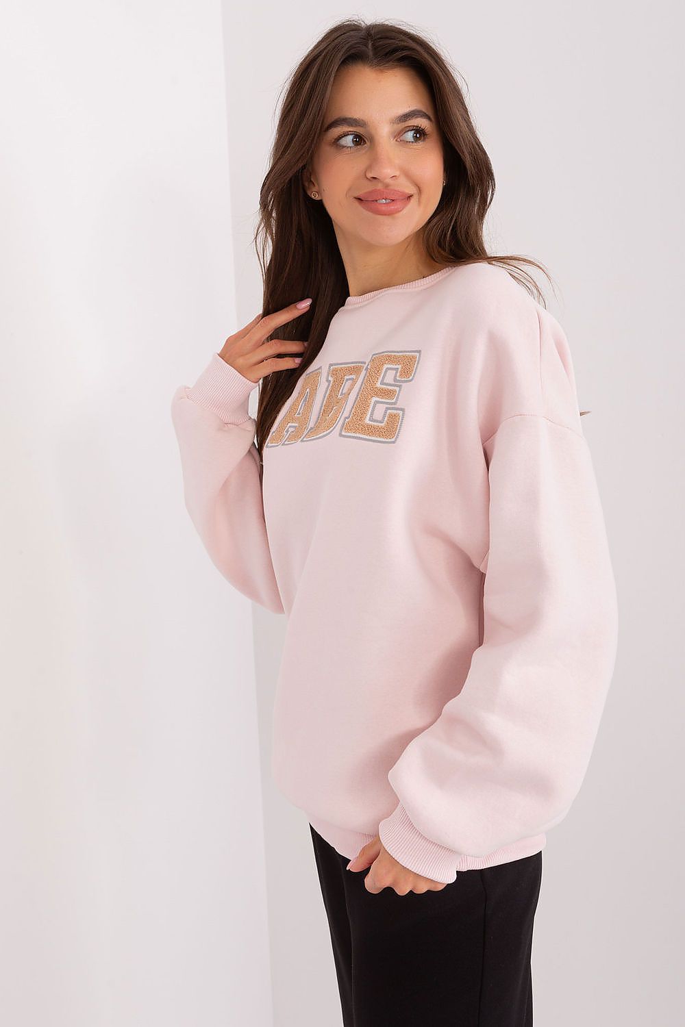 Elegant Women's Casual Sweatshirt with Unique Pattern and Inscription by Factory Price, showcasing modern textile design and casual style.