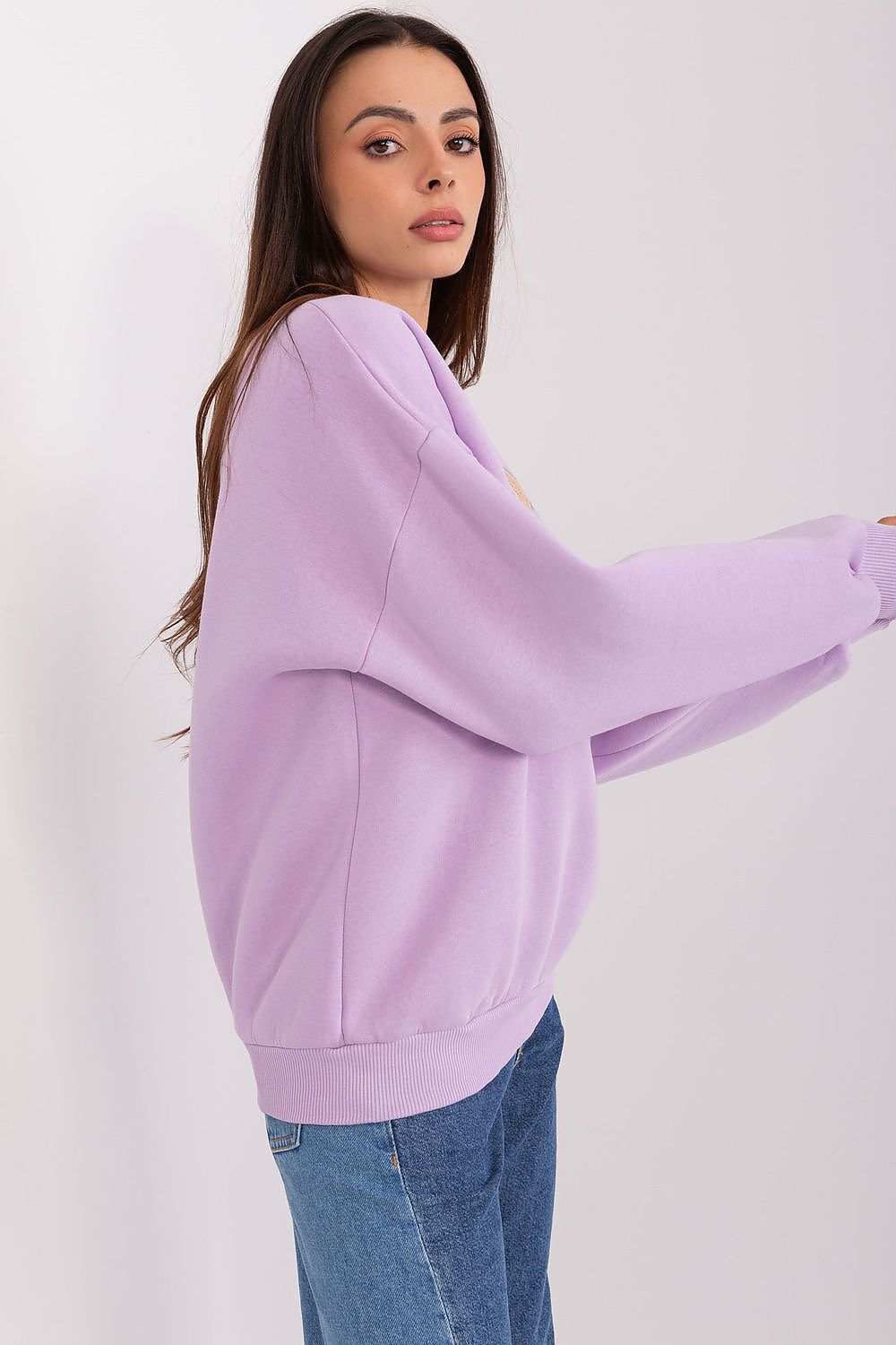 Front view of a luxurious women's sweatshirt with a distinctive pattern and inscription, crafted by Factory Price for contemporary casual wear.