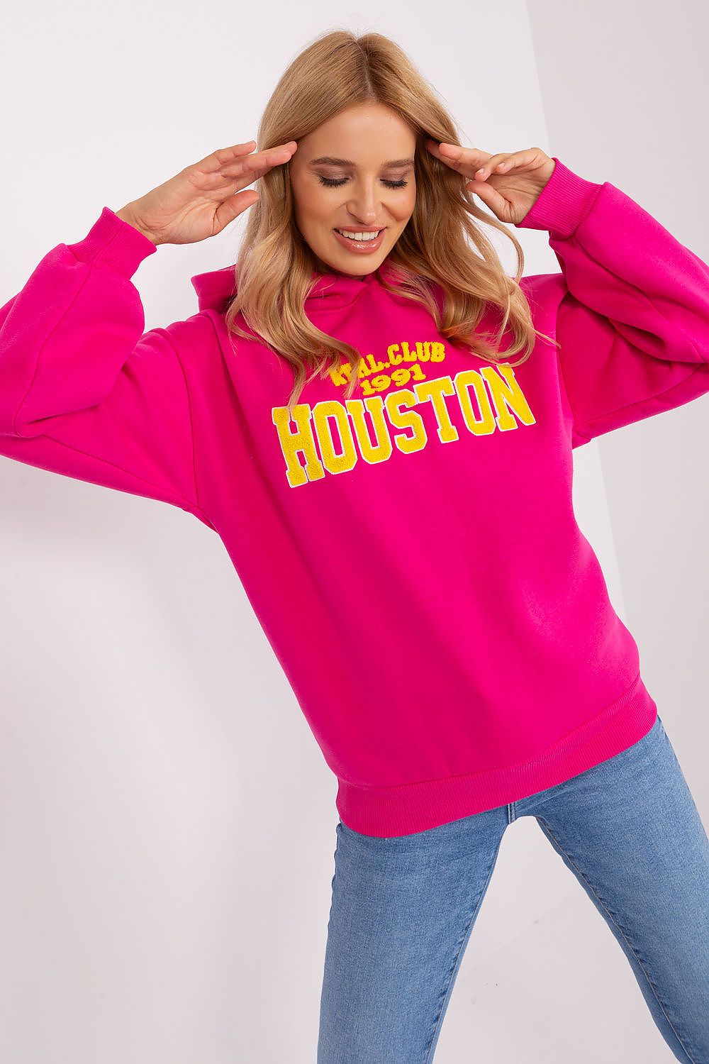 Luxury Women's Hooded Sweatshirt in EU Size 0 by Factory Price, featuring a stylish cotton-polyester blend, perfect for cooler days with a distinct pattern and practical hood for warmth.
