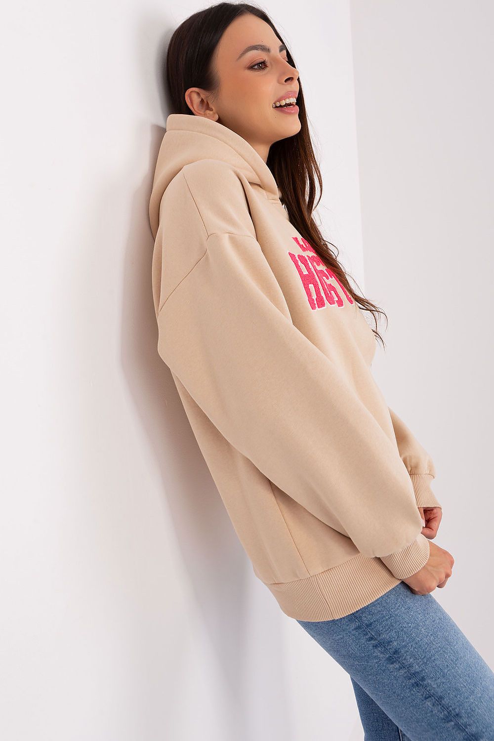 Stylish cotton-polyester blend hoodie from Factory Price, showcasing a trendy front inscription and elegant pattern for a fashionable casual look.