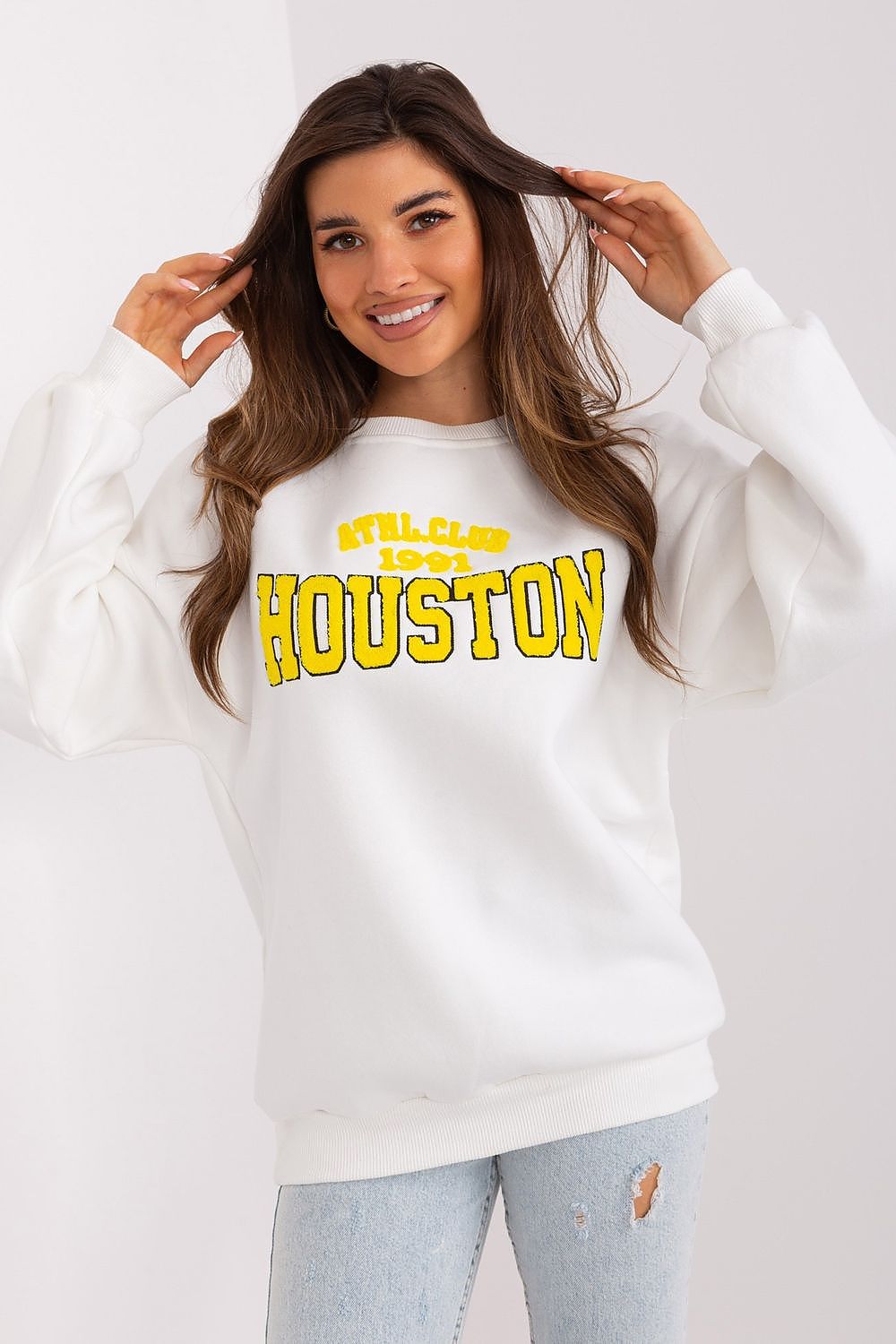 Stylish luxury Women's Pullover Sweatshirt by Factory Price, featuring a logo design, ideal for casual and sporty wear, made from soft cotton-polyester blend.