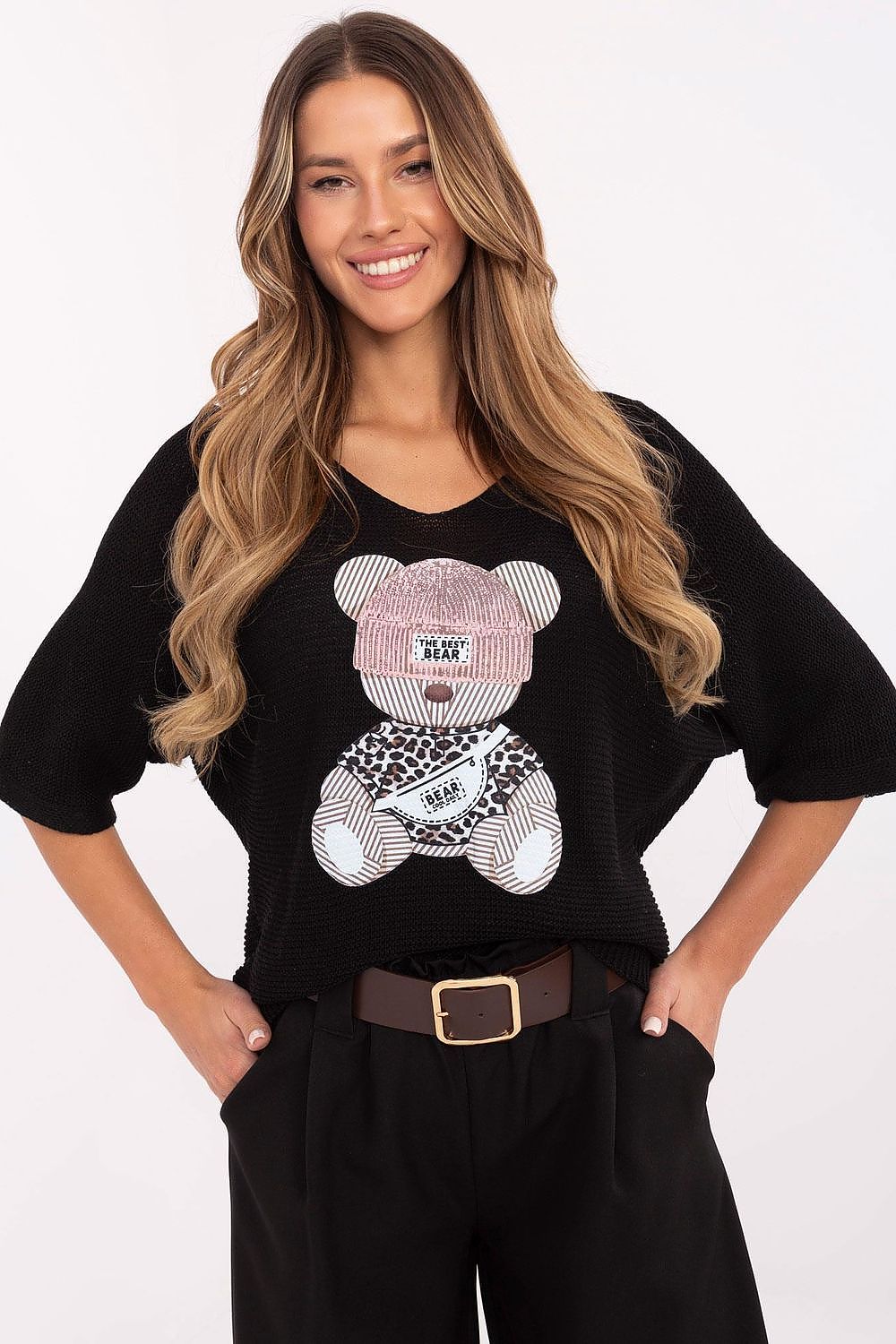 Italy Moda Women's V-Neck Short Sleeve Sweater featuring a cute bear print, crafted from a premium cotton-acrylic blend for elegance and comfort.