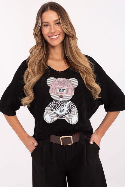 Italy Moda Women's V-Neck Short Sleeve Sweater featuring a cute bear print, crafted from a premium cotton-acrylic blend for elegance and comfort.
