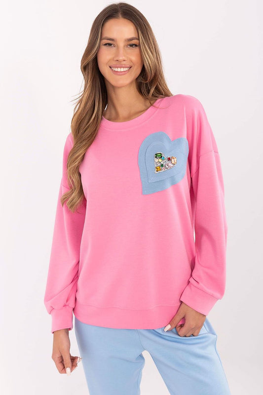 Italy Moda Women's Elegant Casual Sweatshirt Blouse featuring a heart-shaped zircon patch, showcasing luxury comfort and style in EU size 0.
