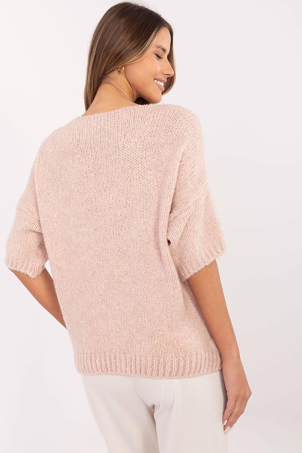 Stylish women's V-Neck Sweater by Italy Moda, made from a high-quality fabric blend, featuring short sleeves and a classic design that enhances elegance and versatility.